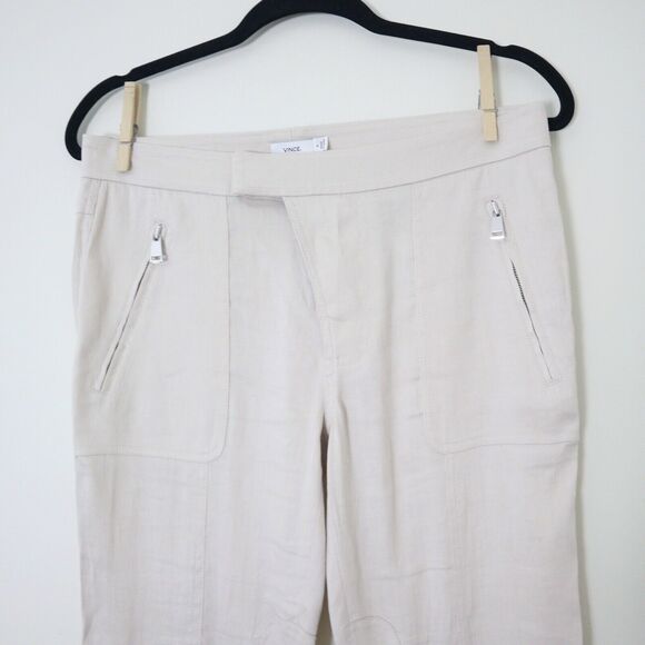 Vince Size 4 Linen Blend Patchwork Cargo Jogger Pants Cream Zipper Front - Picture 3 of 12